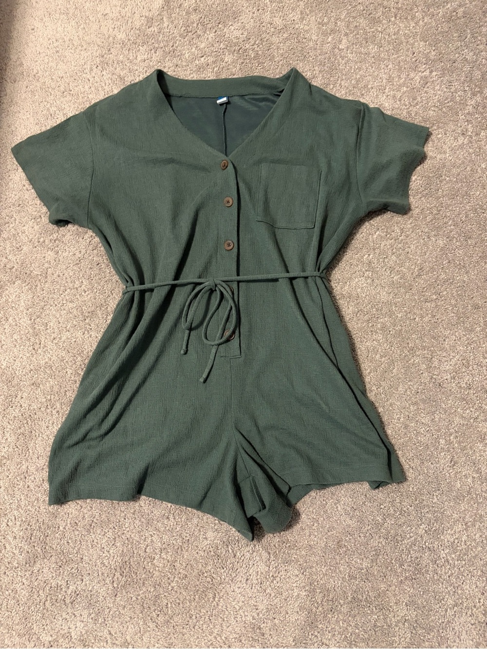 Old Navy Green Short Sleeve Button Romper with Waist Tie